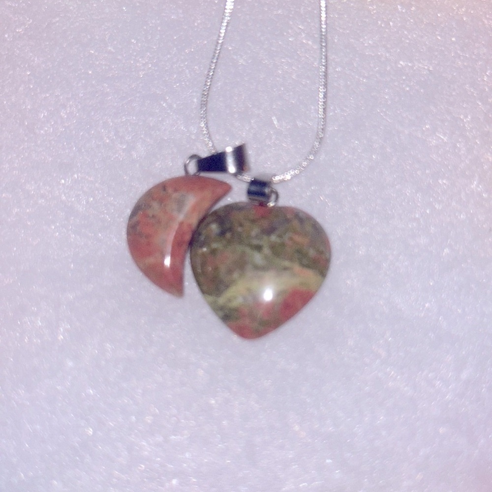 Boho hippie Unakite Moon and heart Sterling Silver 16” Nec…